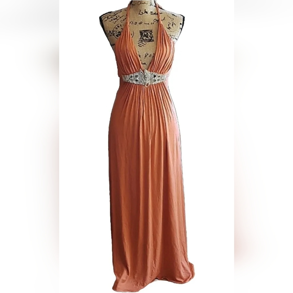 SKY BRAND WOMEN'S ORANGE HALTER LONG MAXI DRESS JEWELED TIGER RHINESTONES SZ S - Picture 3 of 13